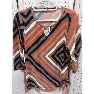LAMode Collection Geometric Print Keyhole Neck 3/4 Sleeve Top Size M